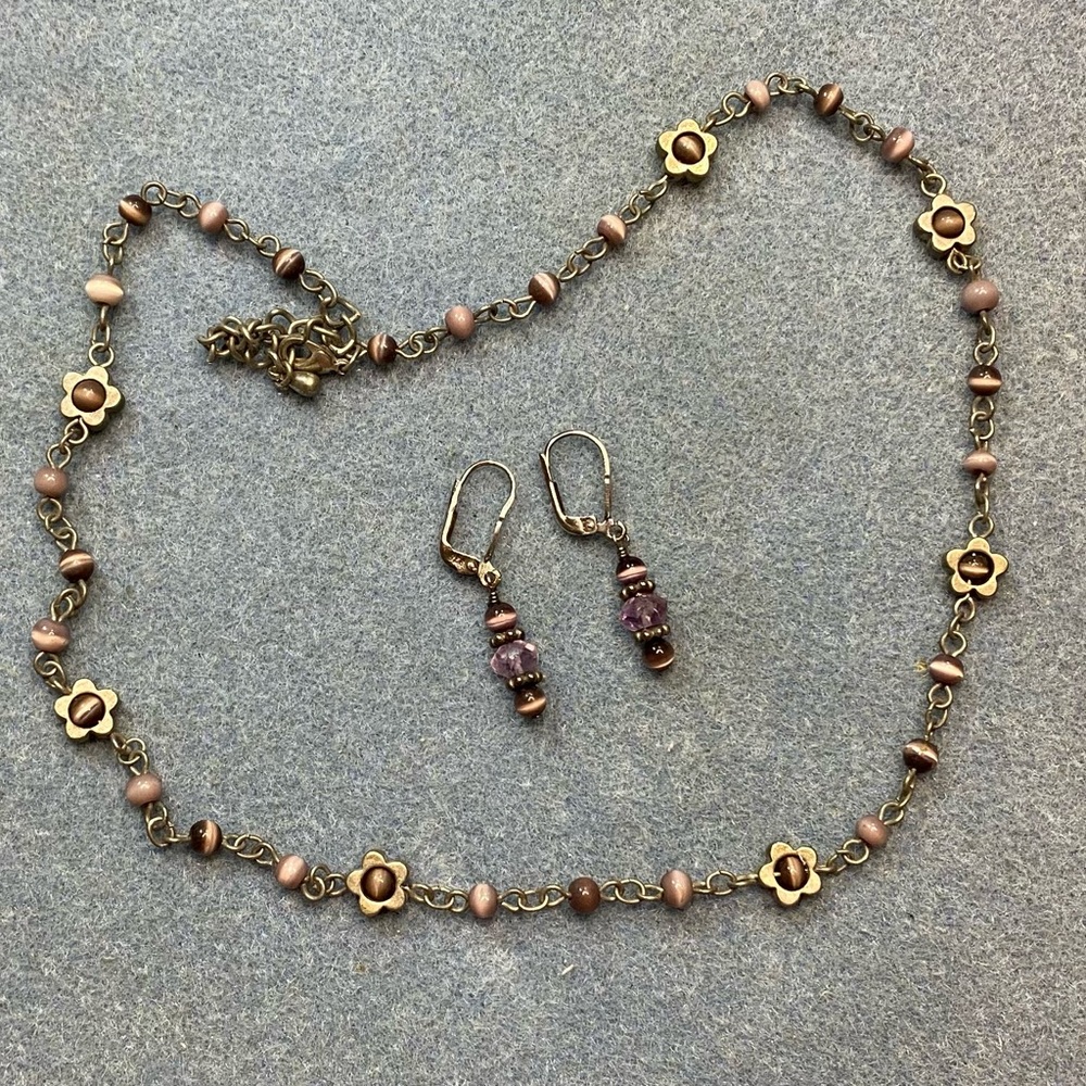 Floral and beads Necklace and Earring Set lavender and pewter color